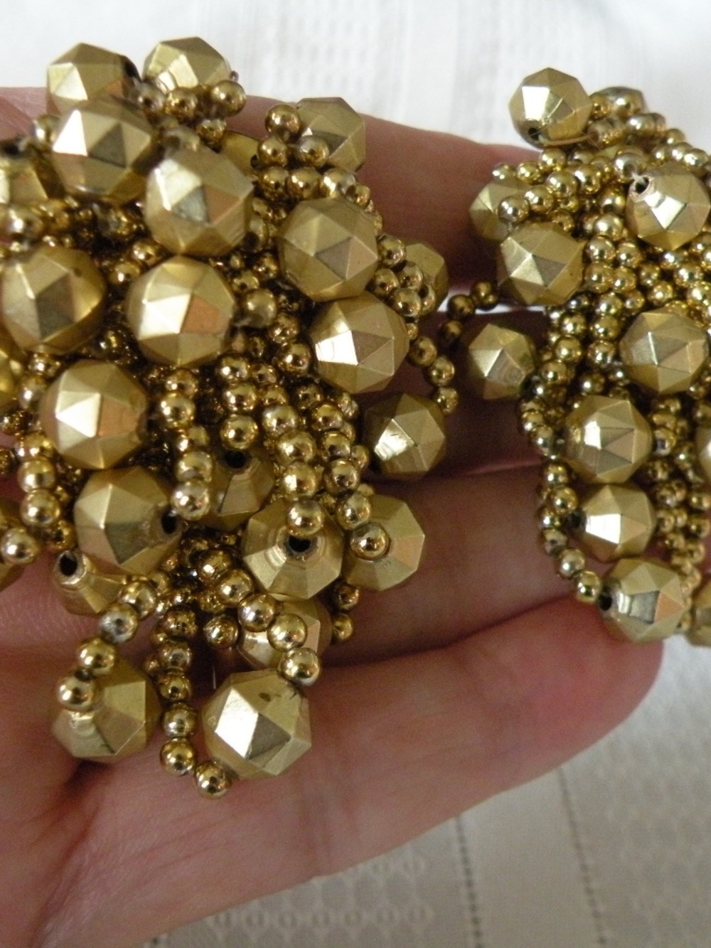 Vintage Gold Tone Lightweight Beads Cluster Dangle Clip on Statement Earrings